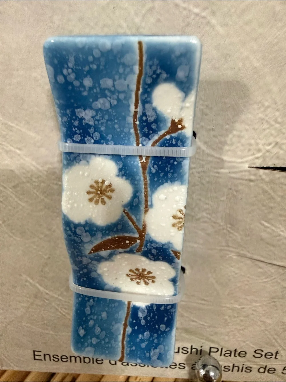 SH Home 5-Piece Ceramic Sushi Plate Set Blue Sakura Cherry Blossom Design